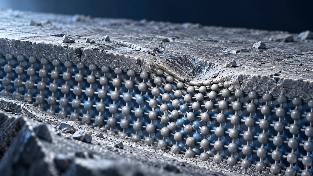Solid material cutaway with an atomic lattice under local strain