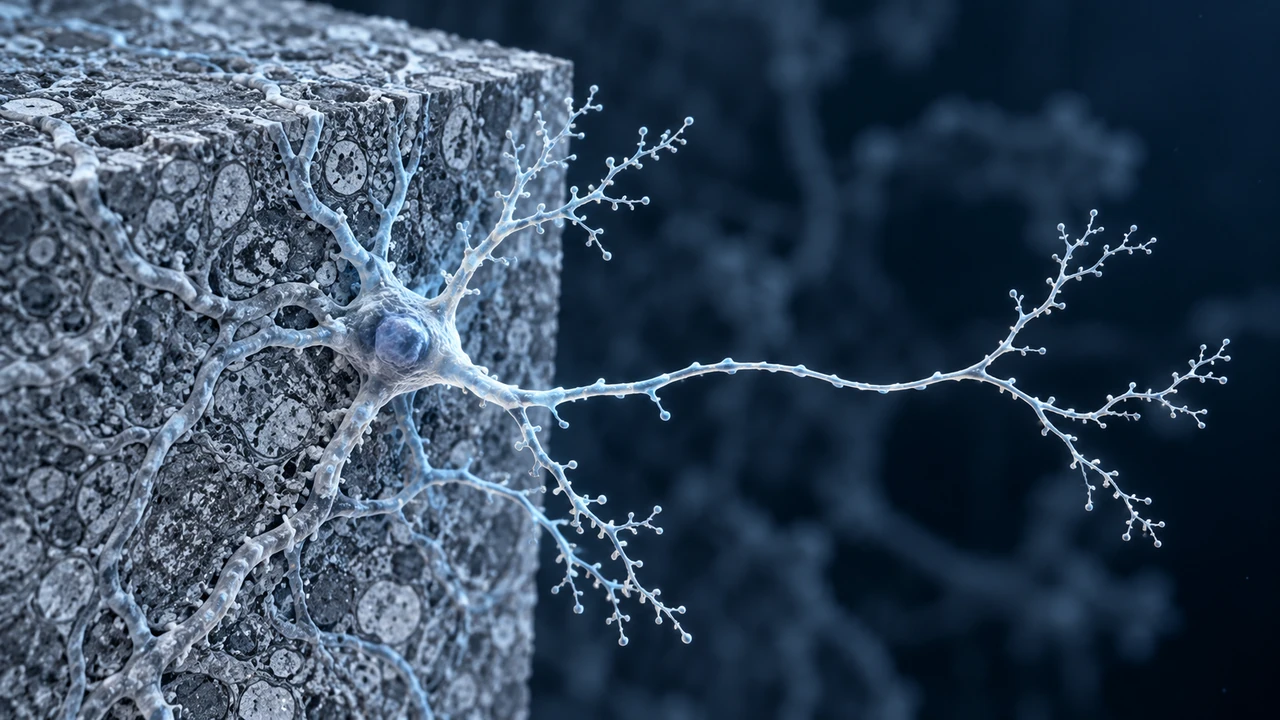 An individual neuron reconstructed from a dense microscopy volume