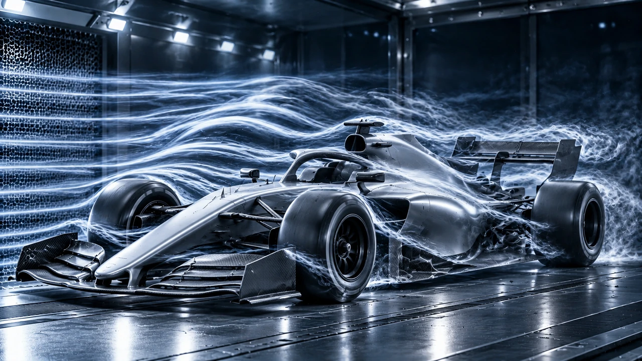 Racing car parked in a wind tunnel with airflow around its body and aerodynamic wings