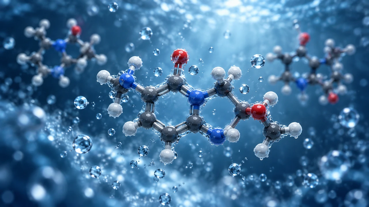 A detailed central molecule with related chemical structures in the background