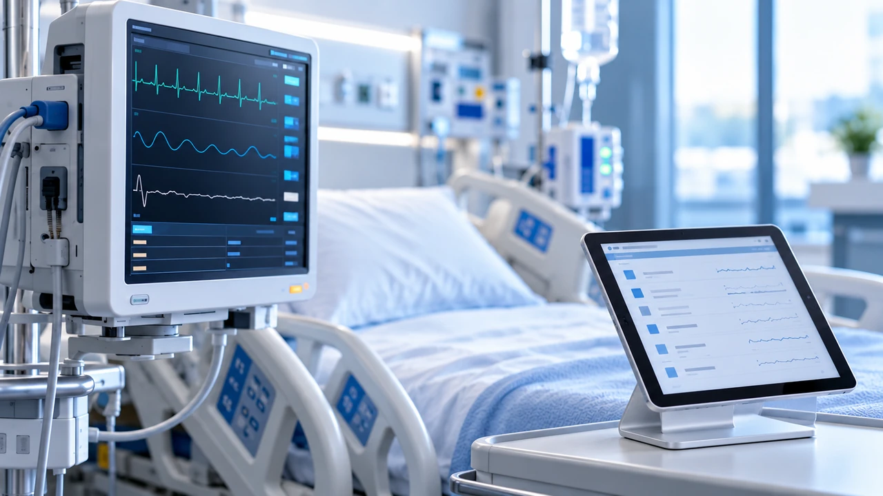 Bedside clinical monitor and medical-history tablet beside a hospital bed