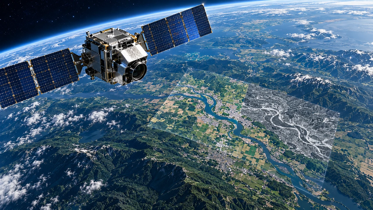 Earth-observing satellite above land with aligned optical and radar-like observations