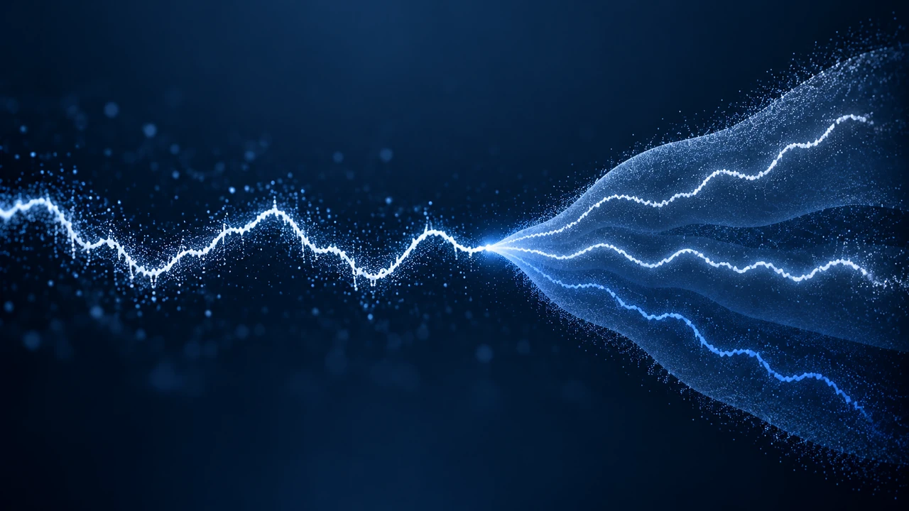 A continuous time-series path branching into possible future trajectories