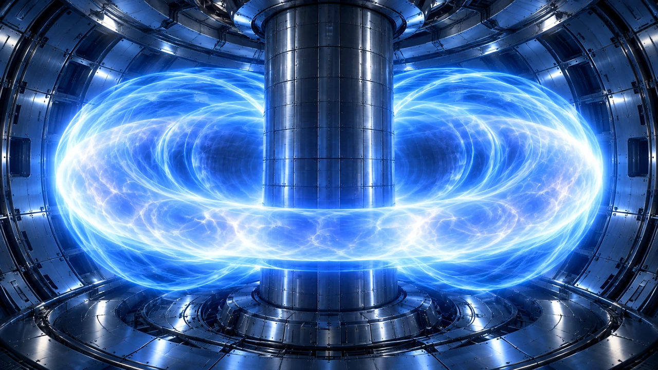 Tokamak chamber with a ring of blue-white plasma around its central column