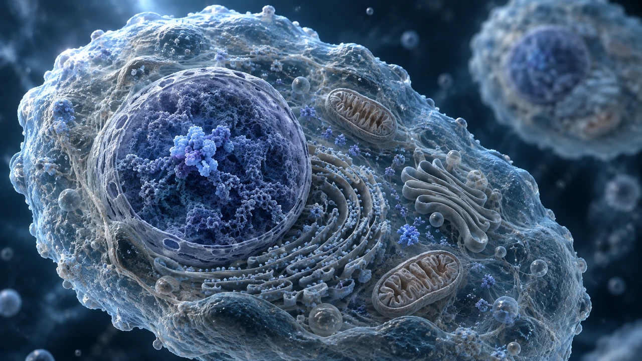Cell cutaway showing a local regulatory interaction in the nucleus